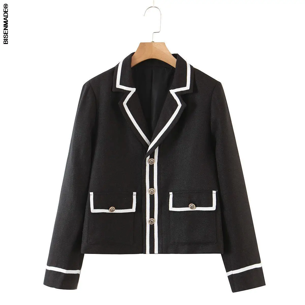 

Women's Clothing Blazer Plus Size 2021 Autumn New Temperament OL French Fashion Gold Buckle White Splice Suit Jacket N8159