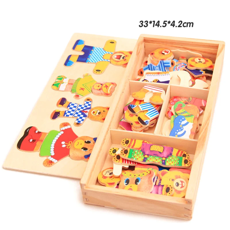 

Four Little Bears Change Clothes Baby Kids Early Education Wooden Jigsaw Puzzle Cartoon Bear Dressing Game Wooden Puzzle Toys