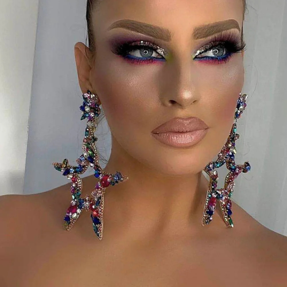 

New Fashion Color Matching Big Rhinestone Love Heart-shaped Star Drop Earrings Womens Temperament Accessories Jewelry