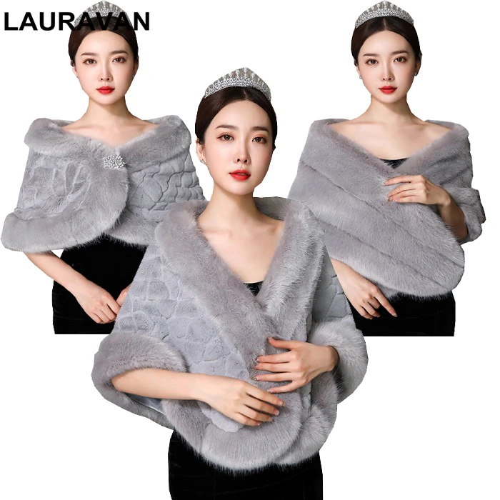 Серая шаль из искусственного меха для невесты Свадебные палантины женский плед
