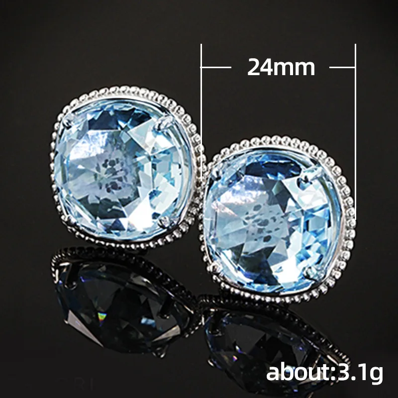 

Fashion Hollow Vintage Square Round Diamond Blue Zircon Stud Earrings European and American Temperament Ladies Earring Jewelry