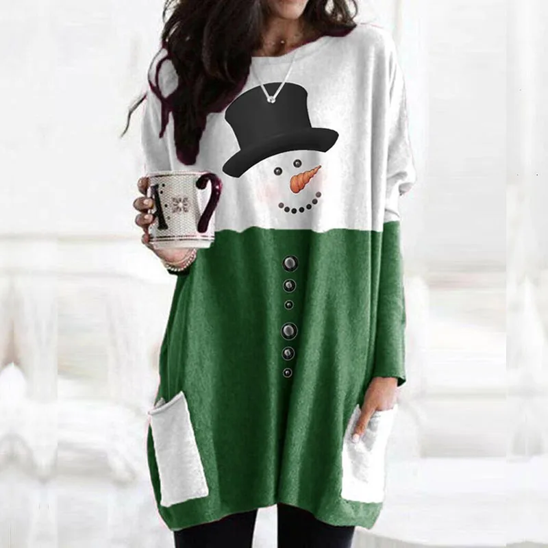 

Loose Christmas Snowman Print Lady Long Sleeve T-Shirt Top Pullover Pockets Hot Selling Casual Women Tops Spring Autumn