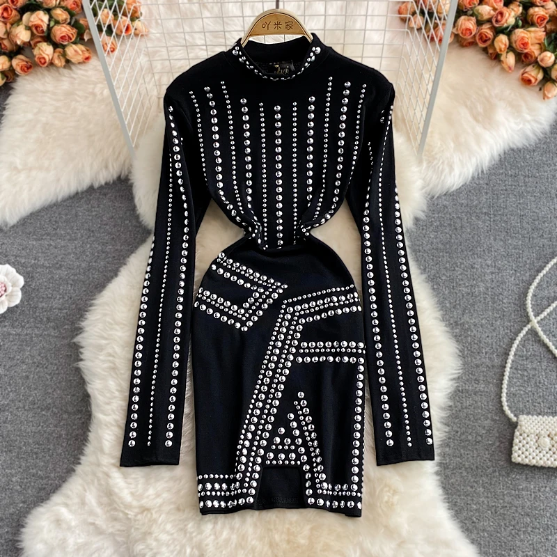 

Vintage Black Beading Bodycon Mini Dress Women Autumn Round Neck Long Sleeve High Waist Party Vestidos Female Elegant Robe 2021