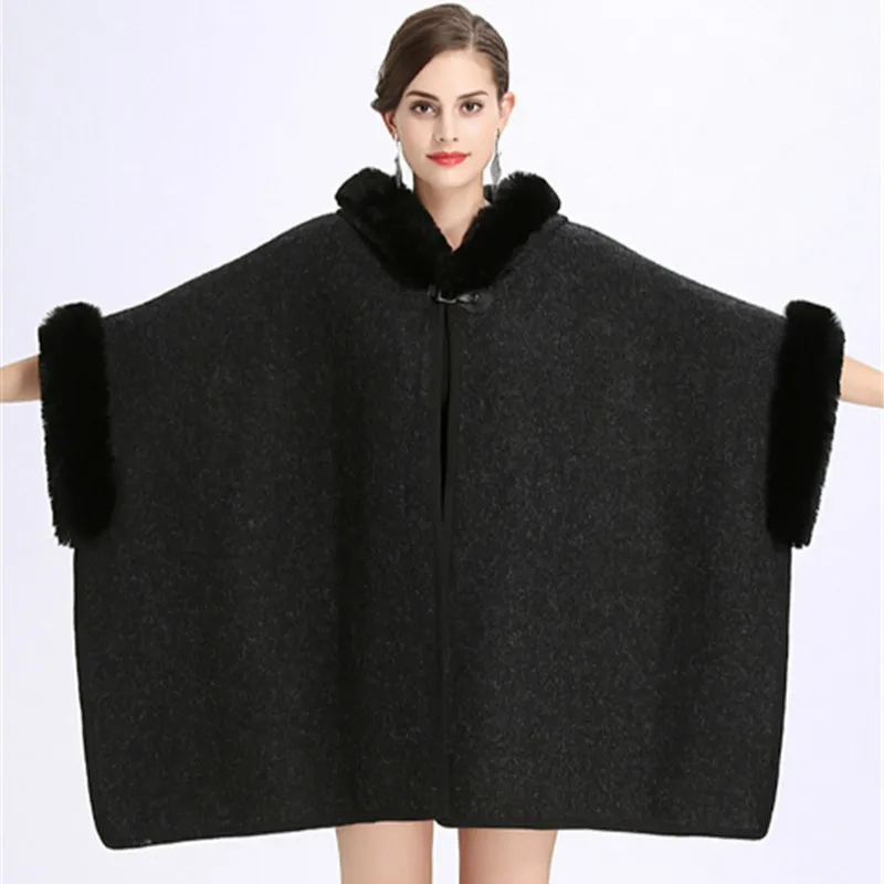 2020 Hooded Cardigan Poncho Capes Women Winter Cloak Long Woolen Coat Cape Warm Faux Rabbit Fur Collar S444 |