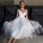 2021 Современные Простые белые свадебные платья до щиколотки, свадебные платья с глубоким V-образным вырезом и складками, свадебные платья для невесты, распродажа