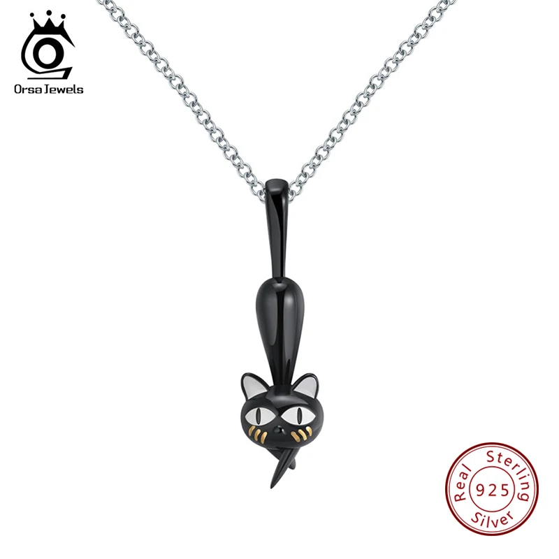 SN98 ORSA JEWELS, женские серьги из настоящего серебра, яркий черный цвет, кот, эмаль, дизайн, для девушек, серебряные, вечерние, ювелирное изделие - Цвет камня: SN98