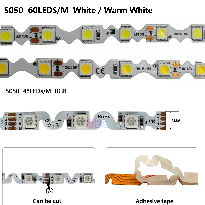 5M 48leds/m 60Led/m S Shape 5050 RGB LED Strip Light White/Warm White Free Bending Flexible Lamp Tape Non-waterproof DC12V