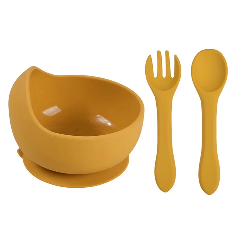 

3 Pcs Baby Training Feeding Food Bowl Spoon Fork Set Anti Slip Silicone Suction Dishes Utensil BPA-Free Tableware for