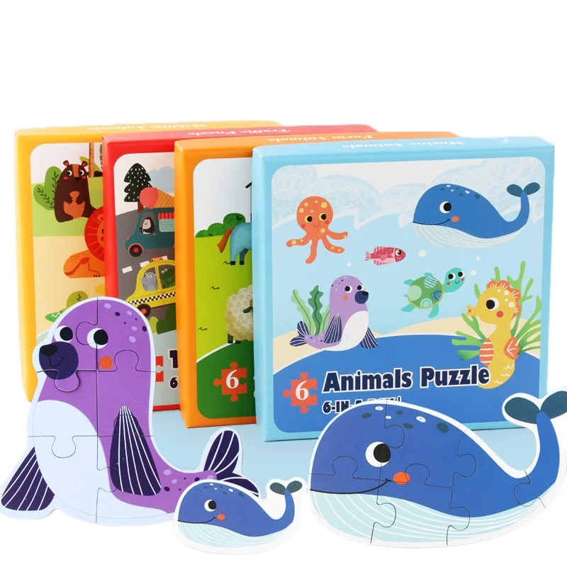 

Children Animal Traffic Character Six In One Wooden Puzzle for Kids Toy Gift Cartoon Animal Puzzles Baby Early Educational Toys