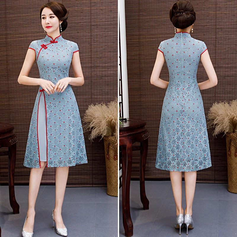 Вечерние, вьетнамские, aodai, Китайская традиционная одежда для женщин, qipao, короткий рукав, кружевное, китайское, восточное платье, современное, cheongsam - Цвет: color2