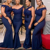 2020 Cute Navy Blue Sweetheart Off The Shouder Satin Mermaid Bridesmaid Dresses Cheap Custom Made Lace Party Bridesmaid Gown