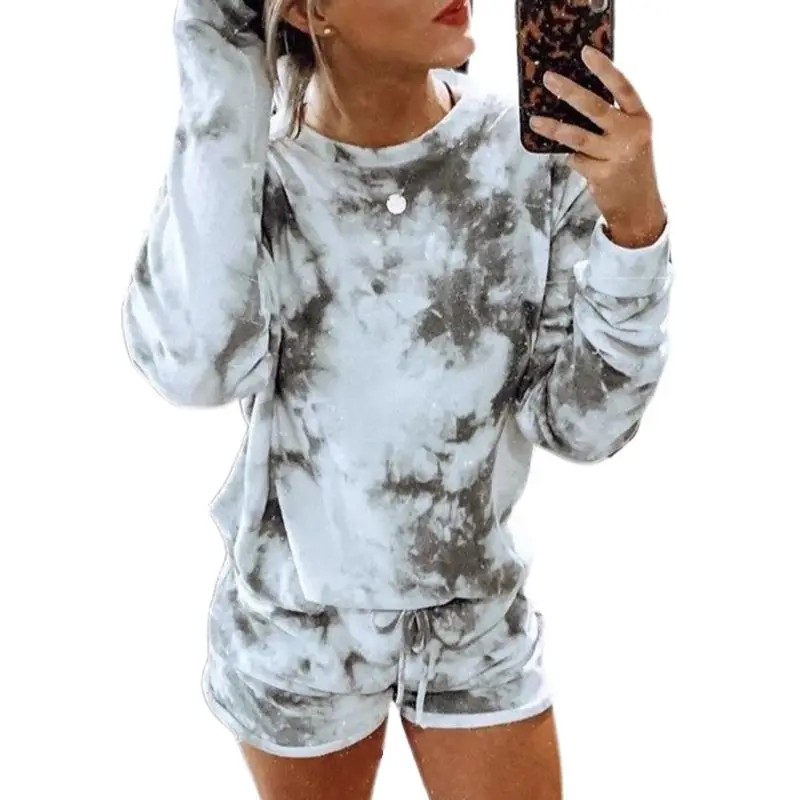 

Womens 2 Pieces Tie-Dye Pajamas Set Long Sleeve O-Neck Pullover Sweatshirt Tops Drawstring Shorts Sleepwear Loose Home Loungewea