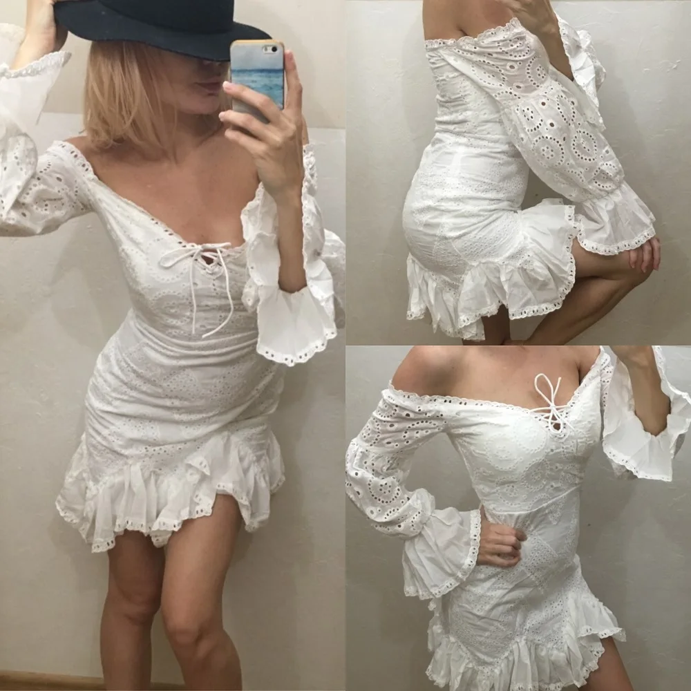 Yesexy Для женщин сексуальная с открытыми плечами, платье с набивным кружевом женские прозрачные элегантные однотонные Цвет мини платье VR9211