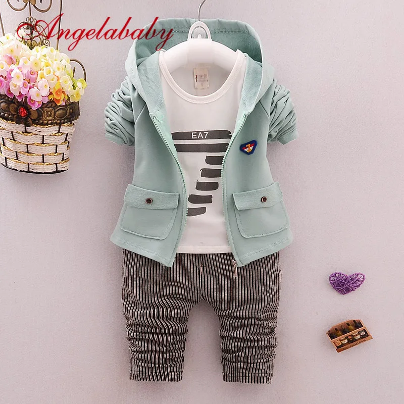 

Kids hooded long sleeve coats + long sleeve shirt + striped pants 3pcs clothing sets children's fashion clothes boys spring suit