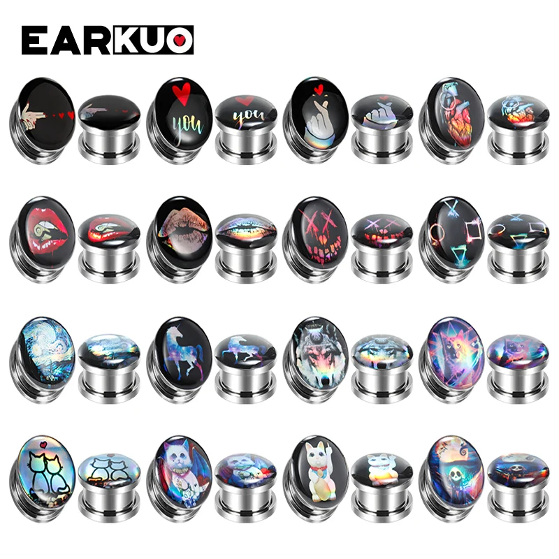 EARKUO Hot Selling Stainless Steel Love Heart Lip Cute Cat Ear Piercing Tunnels Expanders Body Jewelry Earring Stretchers 2PCS