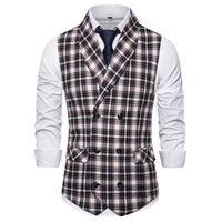 2021 Spring and Autumn High Quality Men's Checkered Green Collar Double Breasted Slim Mens Vest Waistcoat