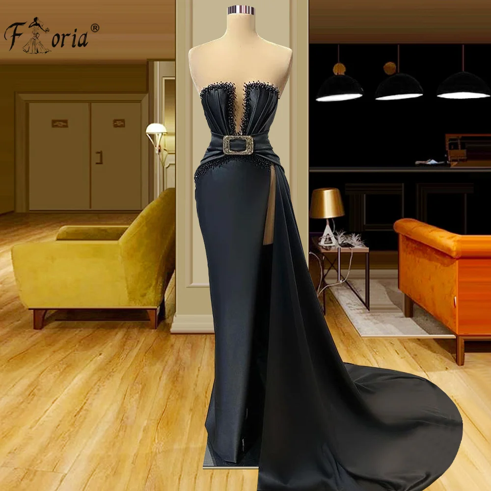 

Sexy Black Evening Dresses With Sashes High Split Beads Prom Gowns Plus Size Elegant Formal vestidos formales arab robe
