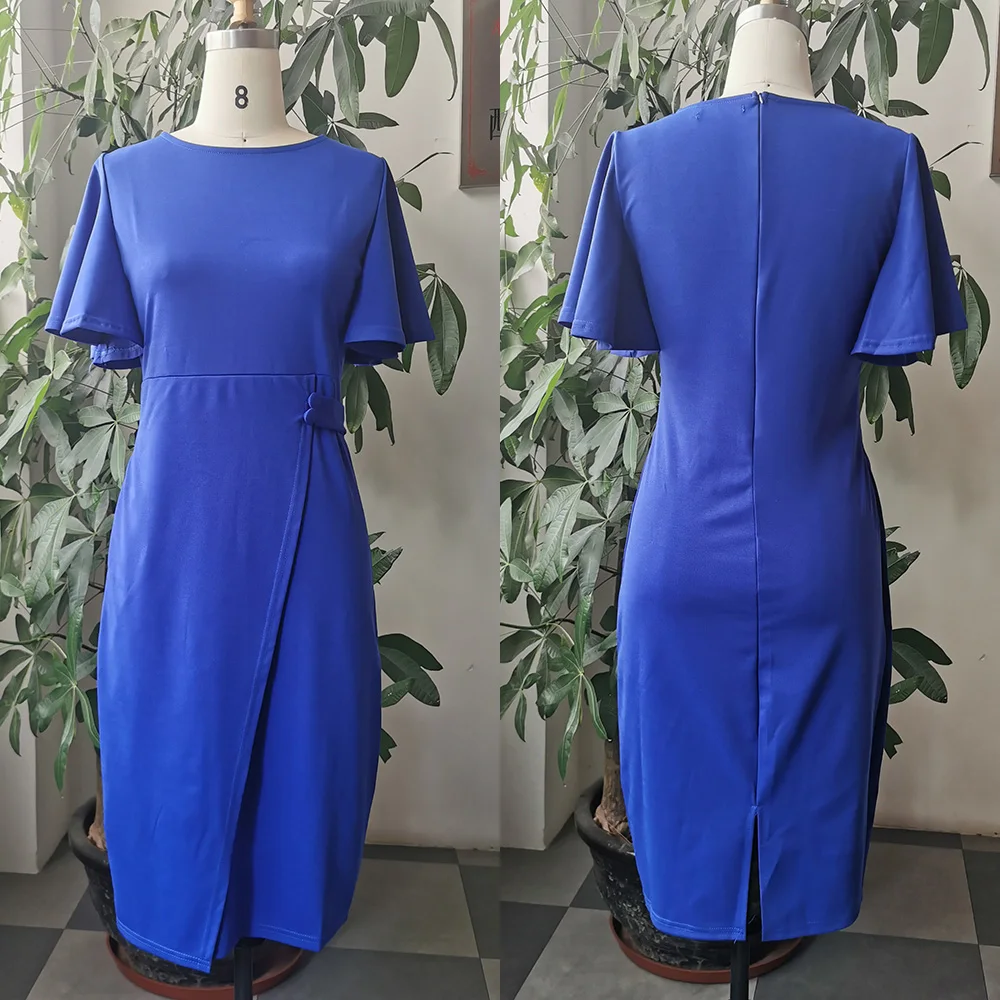 Элегантное синее облегающее женское платье летнее миди с оборками и