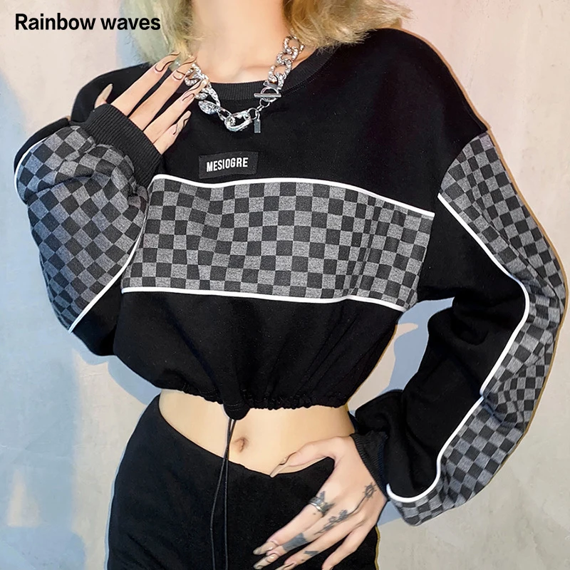 Rainbowwaves Womens Short Hoodies Loose Casual Letter Patchwork Draw String Sexy Streetwear Crop Top Long Sleeve Women Pullover