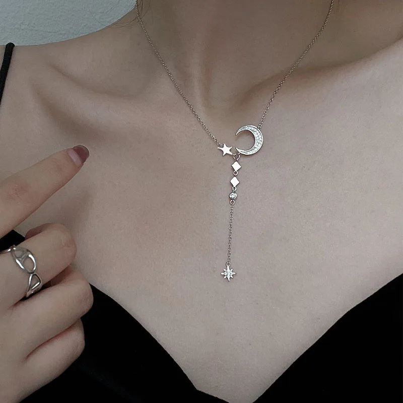 

MEYRROYU Sterling Silver Shining Moon Pendant Clavicle Chain Sweet Star Tassel Necklace For Women Girls Exquisite Birthday Gift