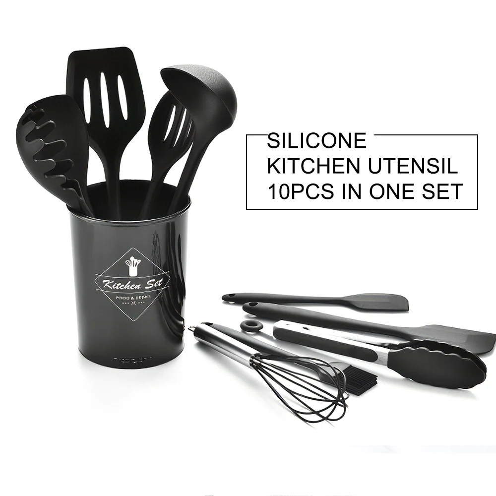 

New Kitchen Cooking Utensils Set 10Pcs Silicone Non-stick Barreled Cooking Utensil Silica Gel Utensil with Gift S Shaped Hooks