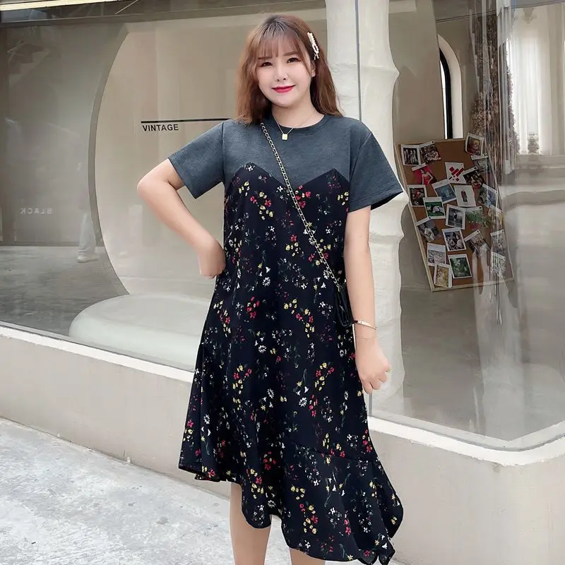 

Casual Dress 2021 Plus Size Fashion Summer Women's New Short-sleeved Round Neck Printing Stitching T-shirt Irregular Short Skirt