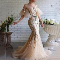 sexy champagne mermaid prom dresses off shoulder sweetheart long formal evening gowns appliqued lace women special occasion gown