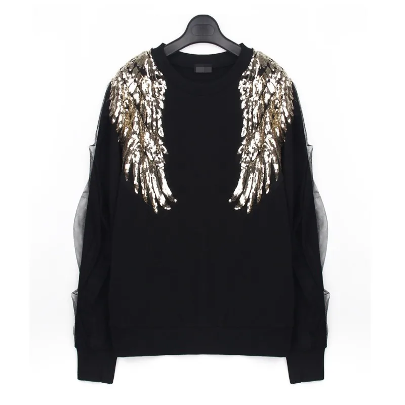 

Chic Sequined Angel Wings Pullover Long Sleeve Women Sweatshirt Mesh Patchwork Fashion O Neck Punk Loose Casual Female T-Shirts