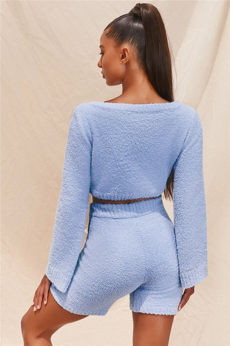 

Women's Tracksuit Two Piece Set Summer Clothes Solid V-Neck Flare Sleeve Crop Top And Shorts Fashion Casual Female Knitted Suit