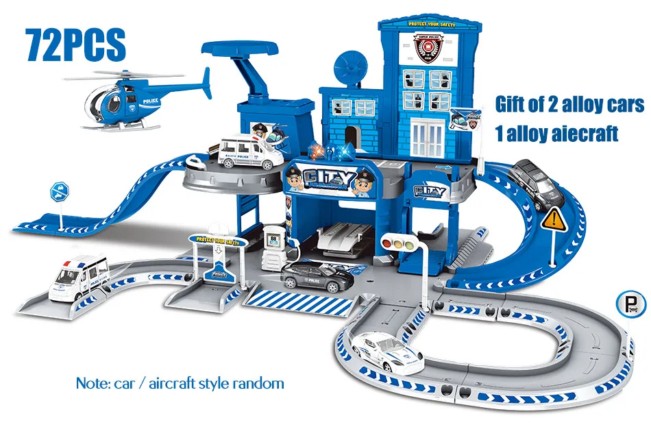 3D City Police Station Railway Alloy Car Play Engineering Fire Truck Track Car DIY Model Building Kits Assembly toys for kids
