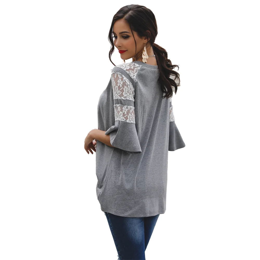 

Shano Real Shot 2019 Spring Cross-Border Hot Women's Half Sleeve Pullover T-shirt Stitching Lace Bell Sleeve Top