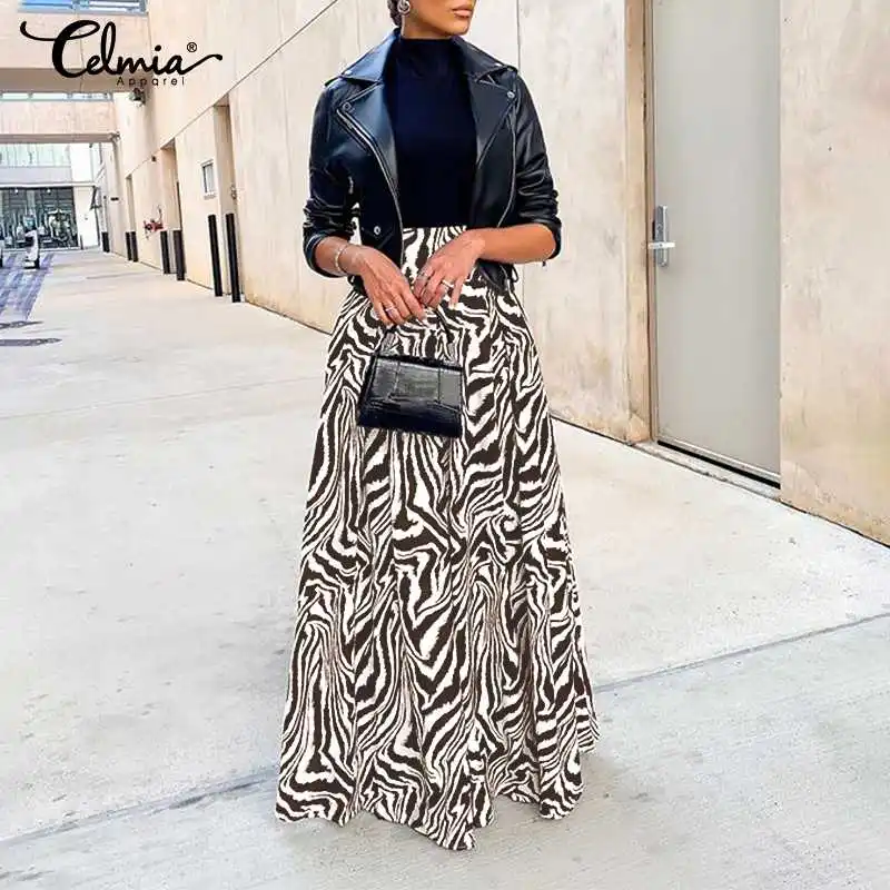 

Women 2021 Fashion Zebra Printed Skirt Celmia Vintage High Waist Party Skirts Casual Loose A-Line Maxi Faldas Streetwear Jupes