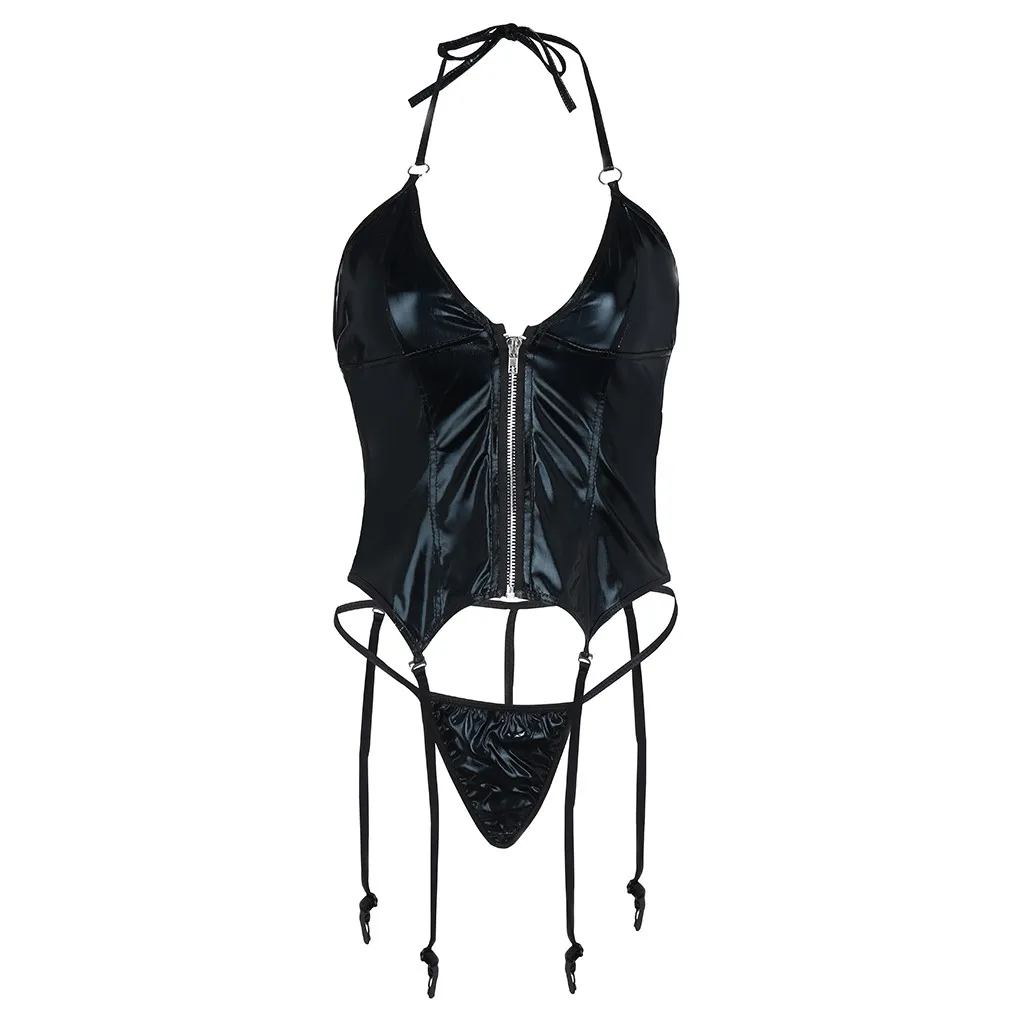 Эротические костюмы Babydoll сексуальное кожаное нижнее белье женское на молнии