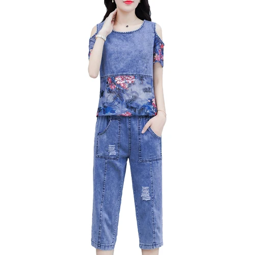 

Korean Plus Size Fashion Two Piece Set Vintage Denim Chiffon Damen Zweiteiler Pocket High Waist Off Shoulder 2 Piece Set Women