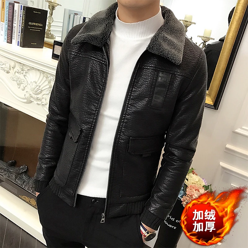

Leather Jacket Men Winter Fleece Motorcycle artificial Leahter Jacket Male Stand Collar Casual Windbreaker Ropa Hombre Slim Coat