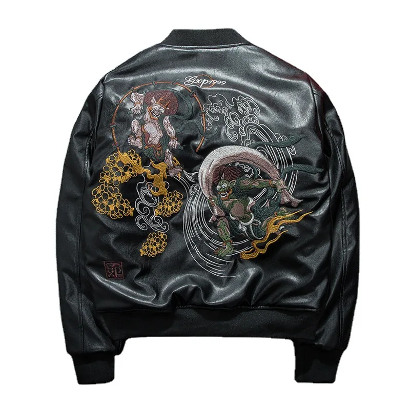 

New Men's PU Leather Long Sleeve Jacket Motorcycle Casual Coat Embroidery Black Outwear D66