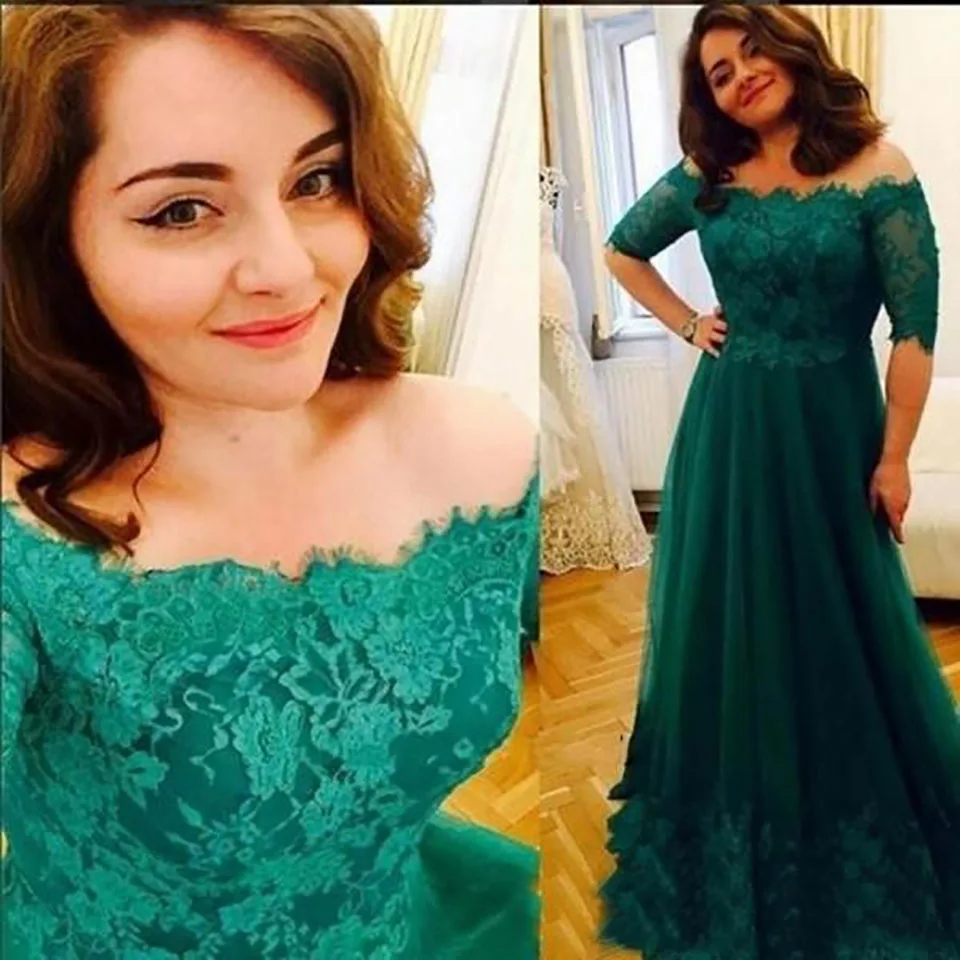 

Plus Size Long Sleeve Girls Pageant Lace Custom Evening Dresses Prom Party Gown Formal A Line Bateau Off-Shoulder Tulle Applique