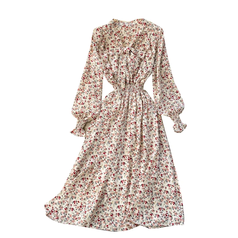 

Bohemian Floral Dress Women Sweet Bow Collar Puff Sleeve Ruffles A-line Dress Autumn French Print Elastic Ruched Dress