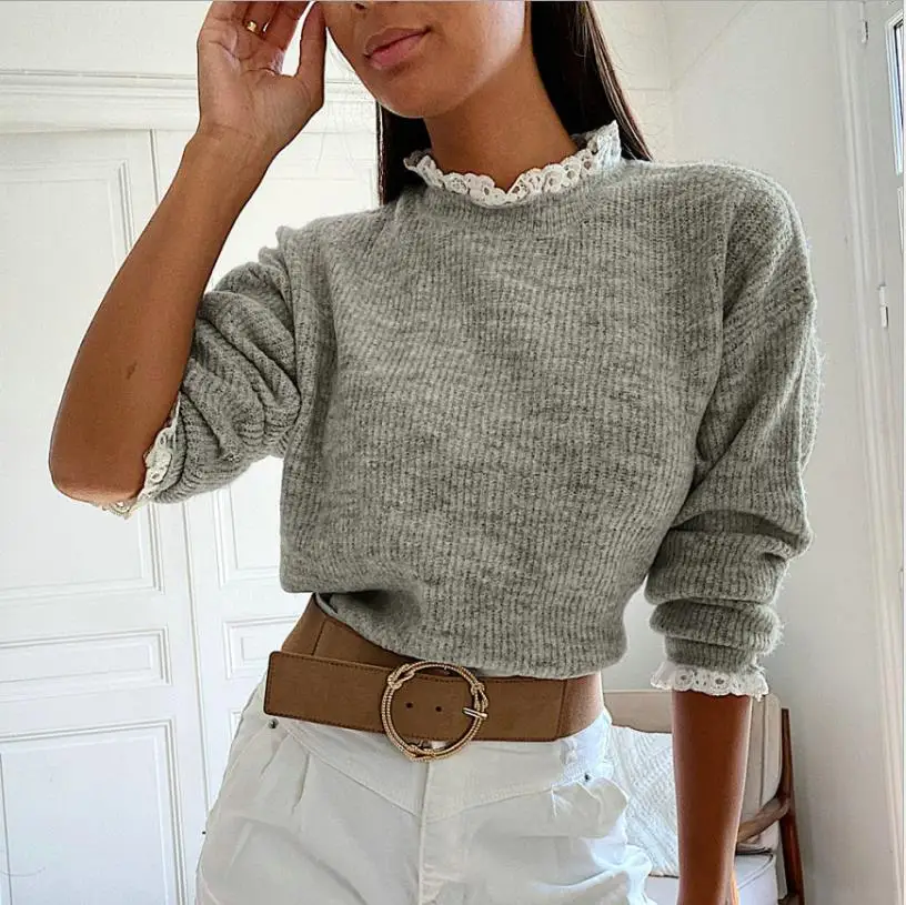 Блузка женская трикотажная в рубчик кружевной топ с оборками и круглым вырезом