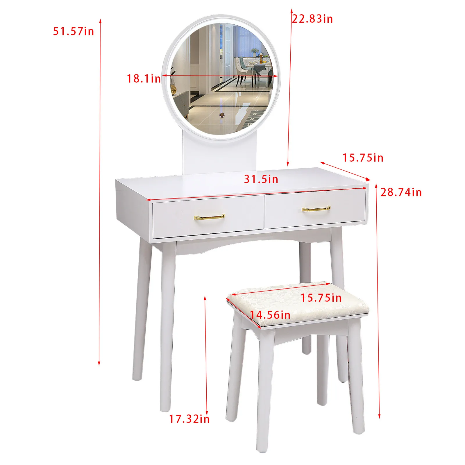 

Modern Makeup Dressing Table Vanity Table and Stool Set with 3-Color Touch Screen Mirror 2 Drawers Vanity Dresser