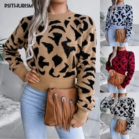 psithurism women leopard knitted sweater winter print thick long sleeve o neck female pullovers casual short tops