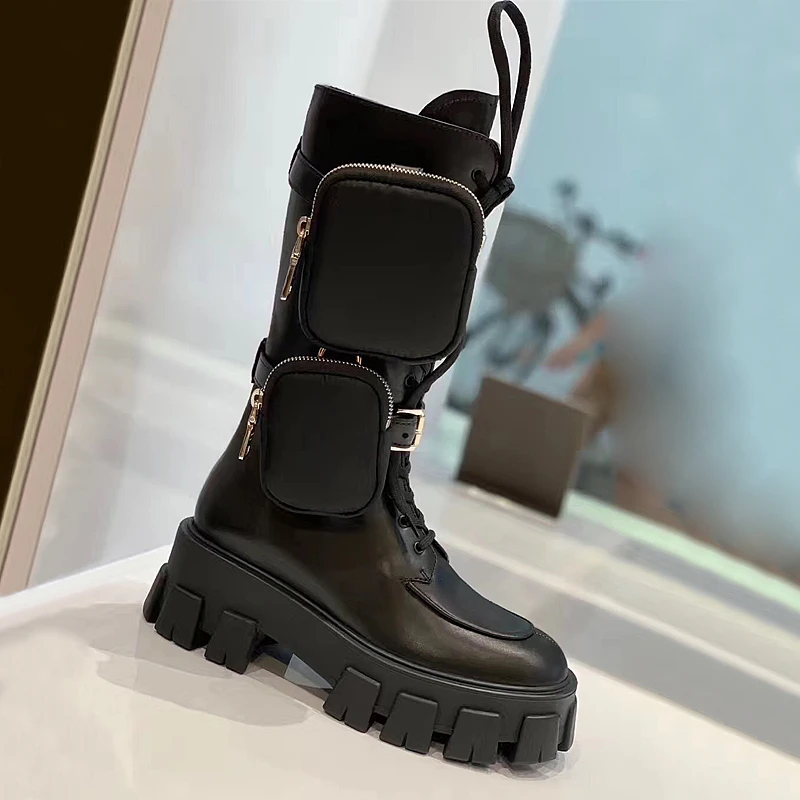 Beli Baru Kantong Motor Boots Wanita Round Toe Tebal Bawah Tumit Wanita Renda Pertengahan Betis Boots Musim Dingin Pasang Kaos Mujer