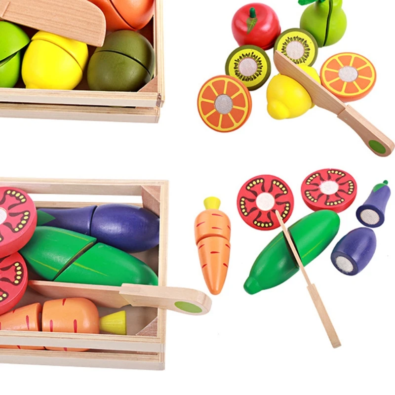 

Pretend Play Kitchen Set, Wooden Vegetable Cutters Cutting Fruit Board Games Toy C63C