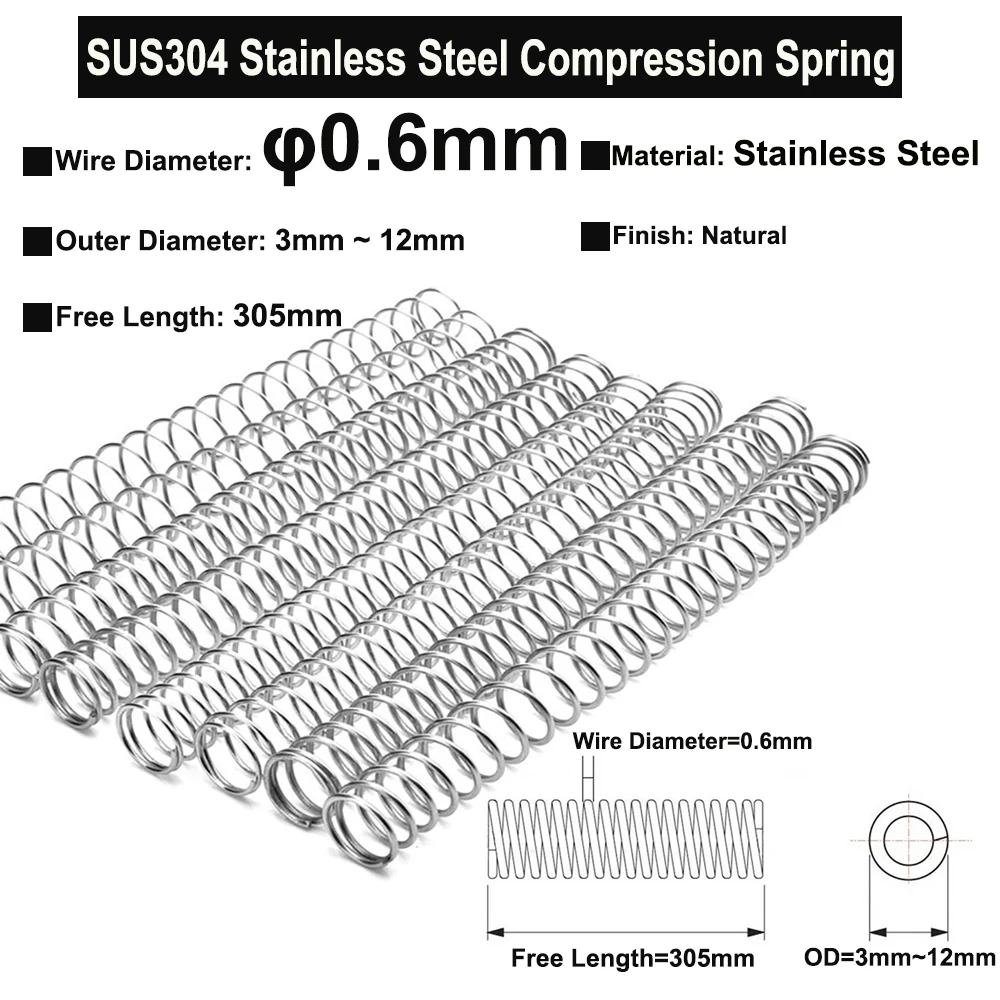 

2Pcs Wire Diameter φ0.6mm SUS304 Stainless Steel Compression Spring Free Length 305mm OD 3mm ~ 12mm Ultra Long Pressure Spring