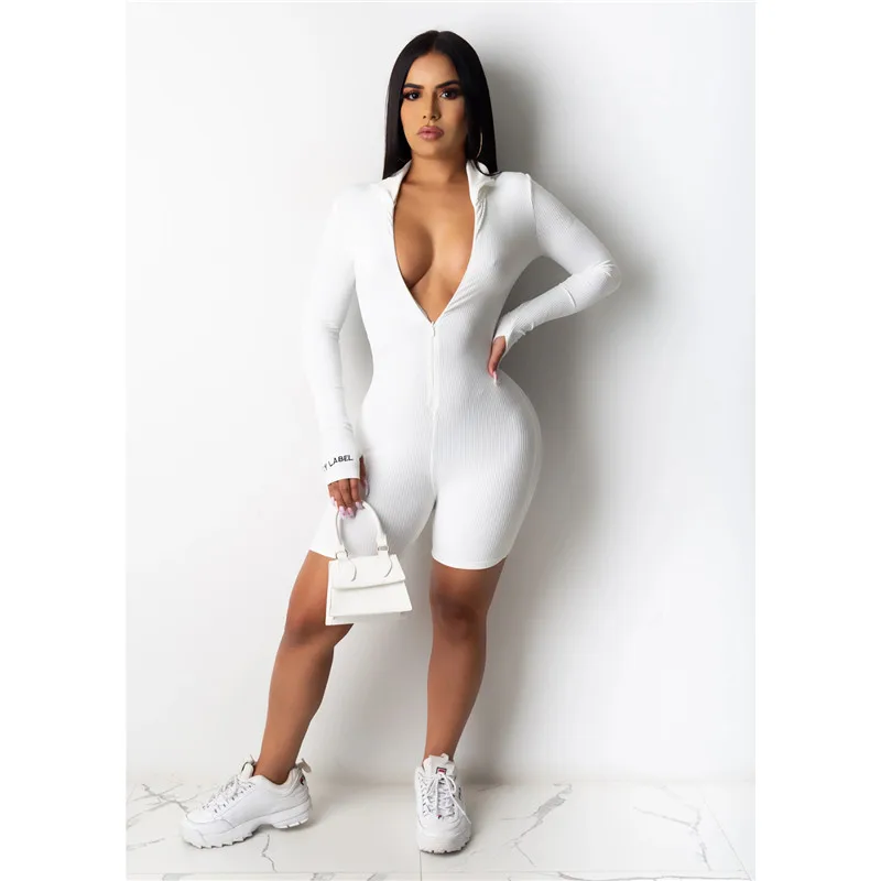 

Ribbed Zipper Deep V-Neck Women's Jumpsuit Long Sleeve Casual Playsuits Letters Embroidery Sexy Playsuit Ladies Rompers Overalls