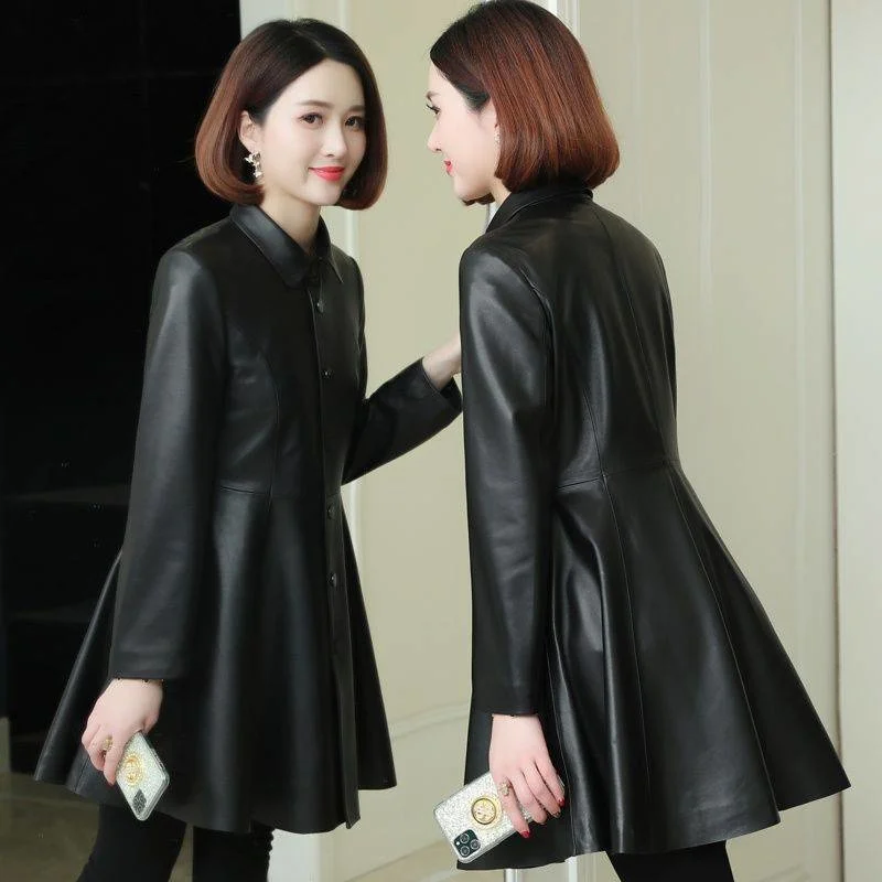 

Новинка 2021, Женская облегающая ветровка Haining из овечьей кожи, средней и большой сезон, повседневное однотонное кожаное пальто