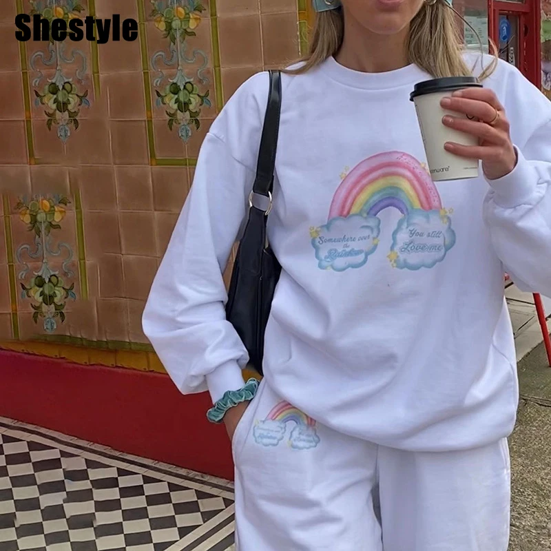 

Женские толстовки Shestyle с радужным принтом, осень 2021, Повседневная Свободная уличная одежда большого размера с круглым вырезом, хлопковые ко...