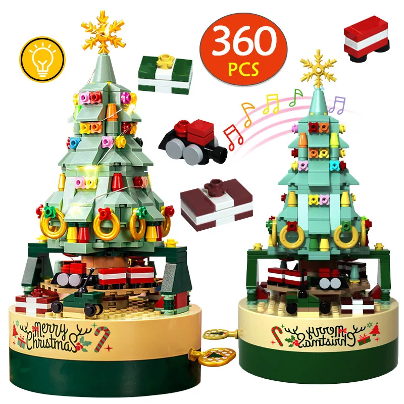 

360pcs City LED Rotating Music Box Building Blocks Pine Tree House Friends Santa Claus Bricks Toys For Children Christmas Gifts