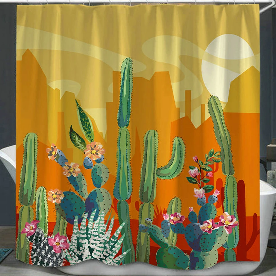 

Cartoon Sunset Cactus Landscape Shower Curtain Set with 12 Hooks Bathroom Decoration