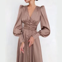 65 dropshippingfashion new women long skirt big bubble sleeves skin friendly deep v neck dress suitable for dating